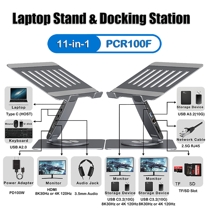 PCR100C+ USB C Laptop Docking Station Stand
